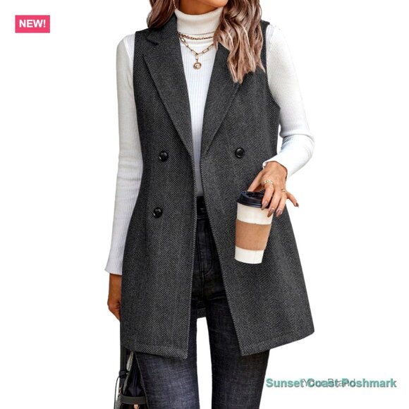 Wool Blend Herringbone Long Vest Sleeveless Tweed Blazer